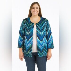 Chico's Blue Open Front Watercolor Chevron Blazer Jacket Womans Size 2 L…